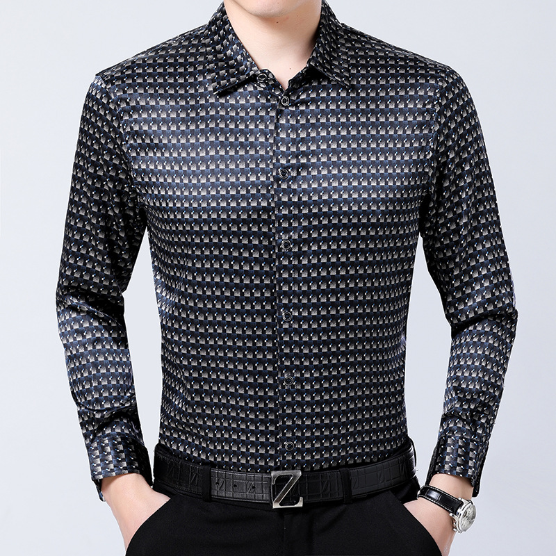 Fitted Black Long Sleeves Silk Shirt With Lattice Pattern