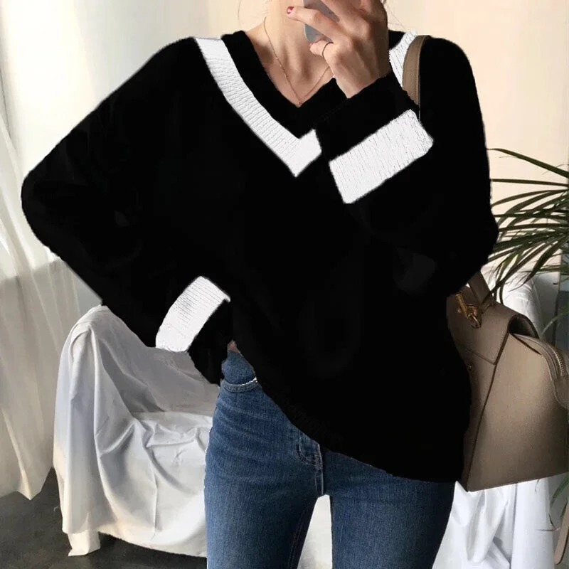 syiwidii sweater women autumn winter V neck pullovers sweaters patchwork cute loose harajuku clothing for women white black 2021