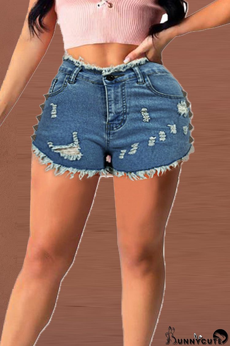 Dark Blue Sexy Solid Ripped Mid Waist Skinny Denim Shorts