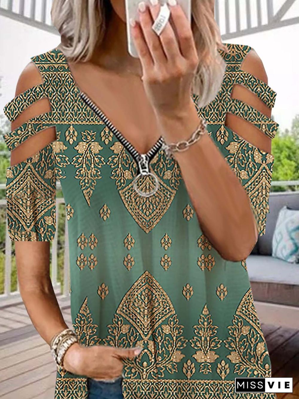 Casual Ethnic Autumn V neck Daily Loose Half sleeve H-Line Regular Tops for Women