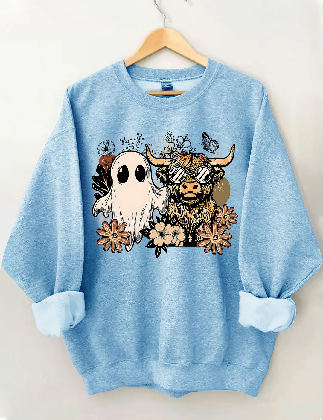 Ghost And Highland Cow With Flowers Sweatshirt