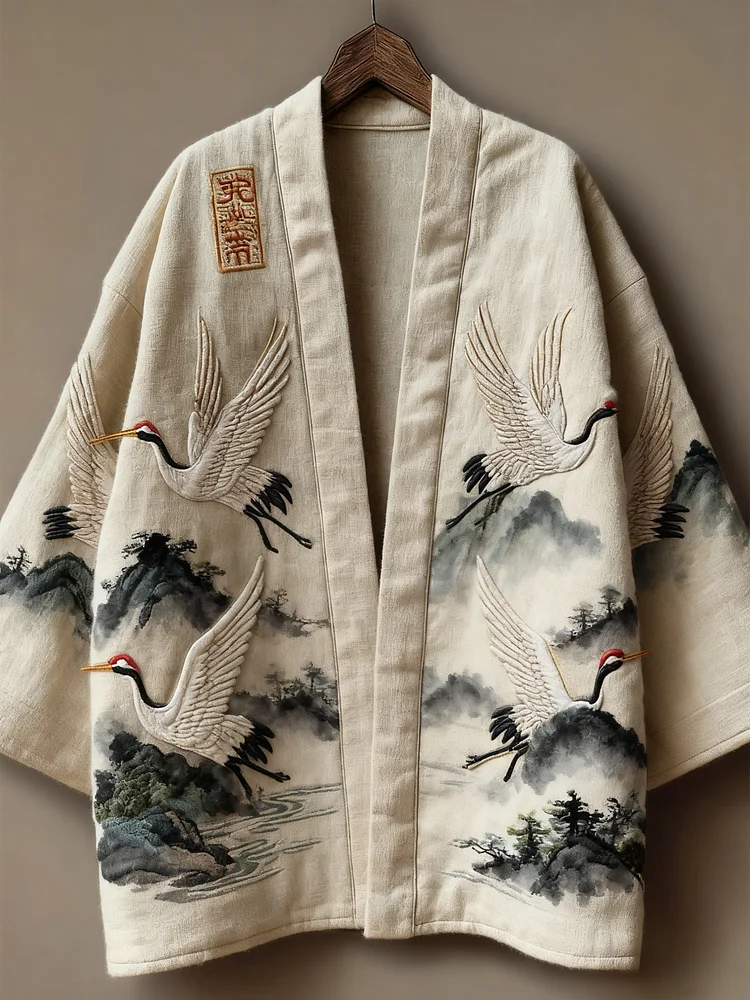 Oriental art landscape painting three-dimensional embroidery linen kimono cardigan