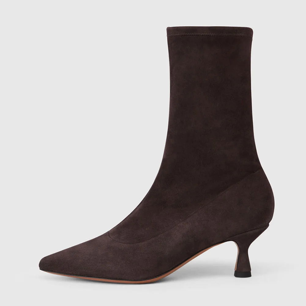 Pull-On Pointed Toe Kitten Heel Short Boots for Women in Brown