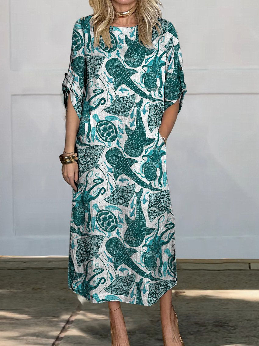 Vibrant Sea Creatures Pattern Printed Women's Comfortable Linen Pocket Dress