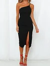 One-Shoulder Solid Color Split-Side Casual Midi Dress