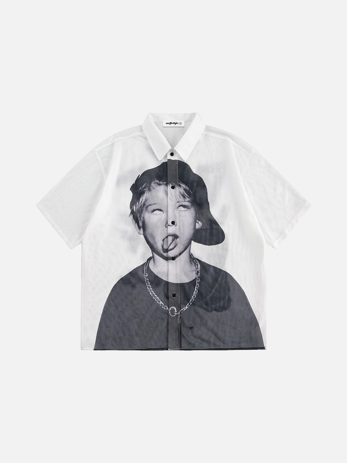 White Emoji Character Print Mesh Short-Sleeve Shirt Front