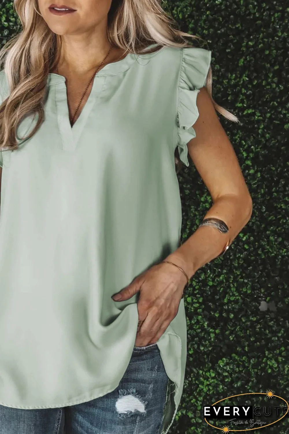 Green Ruffled Sleeveless V Neck Top