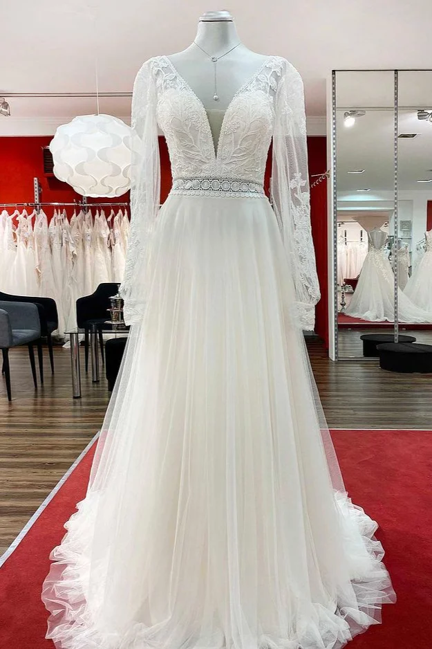 Daisda Long A-line Sweetheart Appliques Wedding Dresses With Sleeves With Tulle Beadings Lace