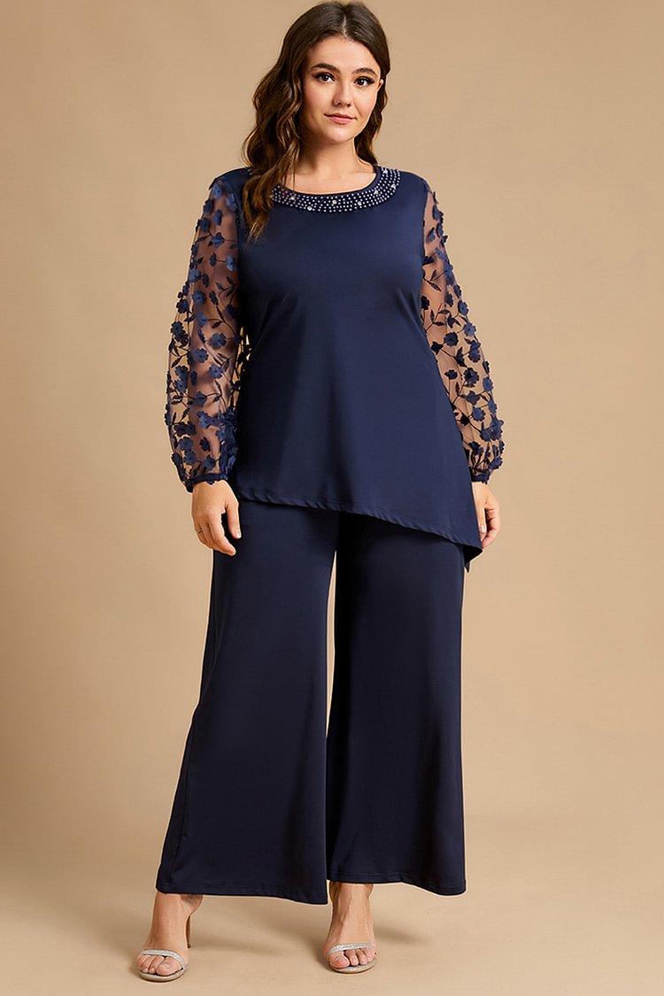 Flycurvy Plus Size Formal Navy Blue Mesh Stereo Flowers Asymmetrical Hem Bubble Beads Two Pieces Pant Sets  flycurvy [product_label]