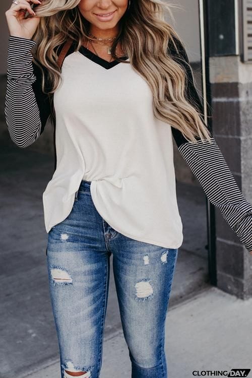 Stripe Color Block Long Sleeve T Shirt