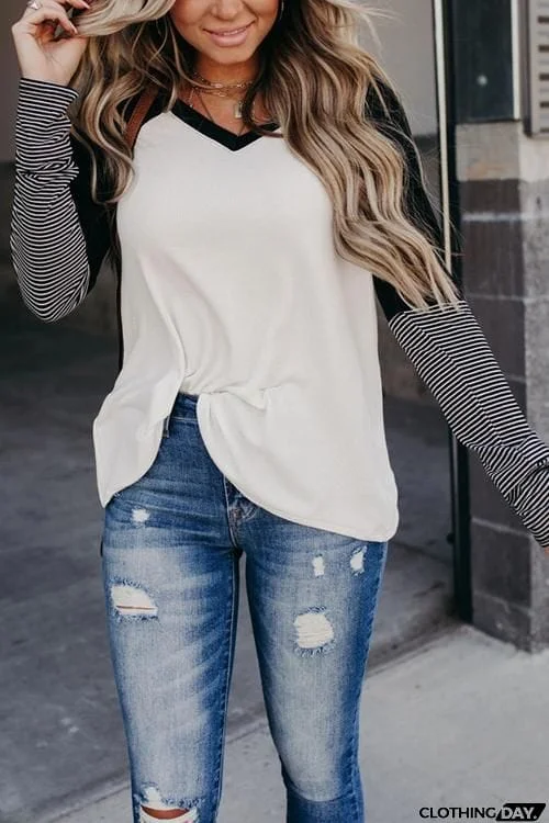 Stripe Color Block Long Sleeve T Shirt