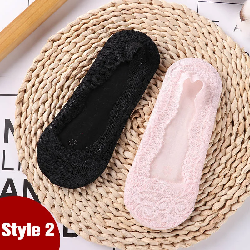 1/2 Pairs Fashion Women Girls Summer Socks Style Lace Flower No Show Short Sock Antiskid Invisible Ankle 2021 Sox Sock Slippers