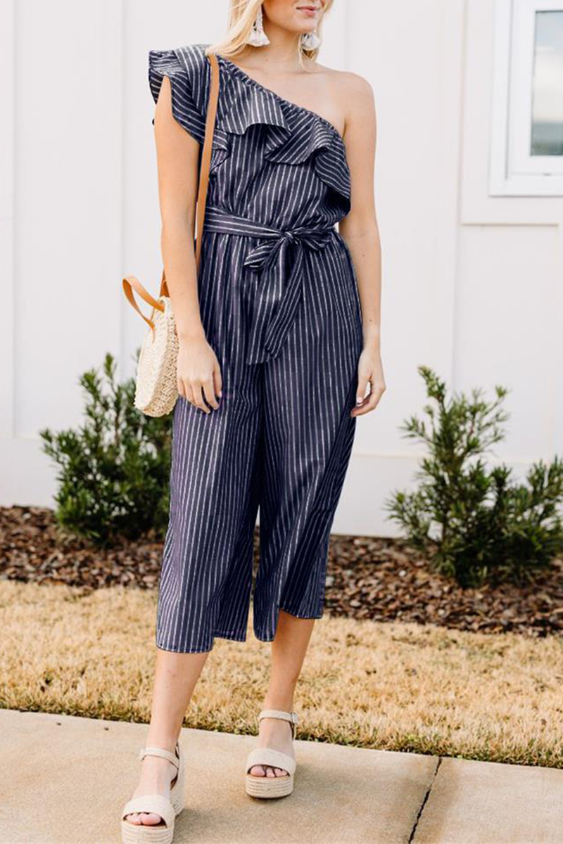 Casual Striped Flounce One Shoulder Straight Jumpsuits(3 colors)