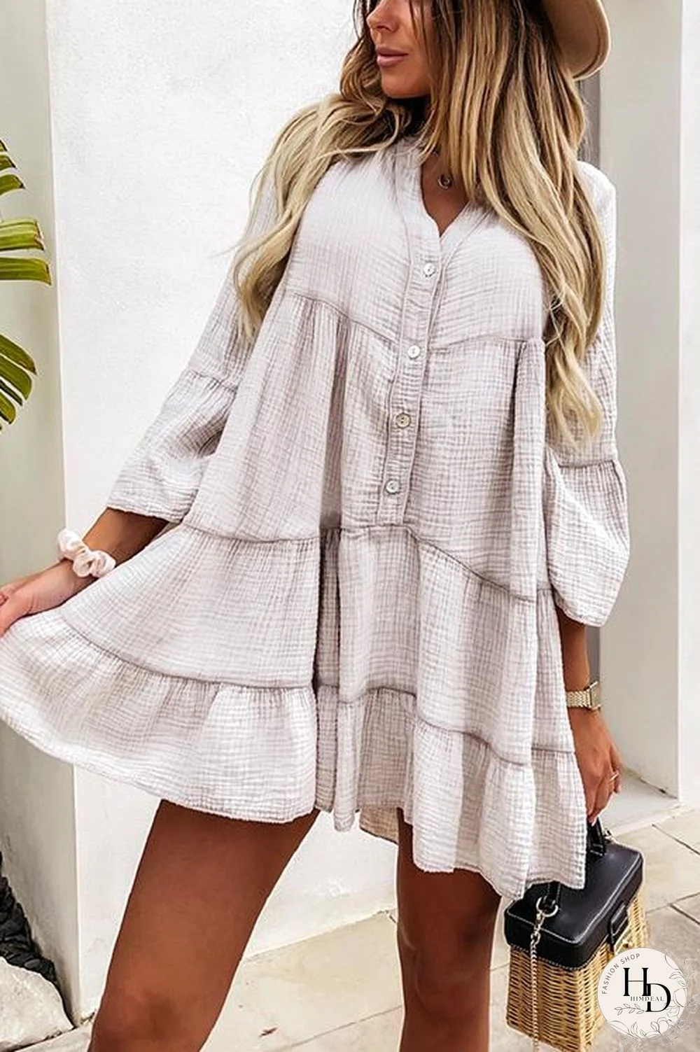 V Neck Bell Sleeve Ruffle Shirt Dress