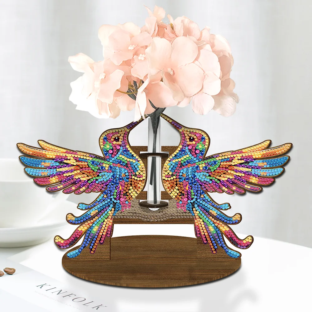 DIY Wooden Hummingbird Diamond Painting Flower Vase Ornaments for Home Office Decor