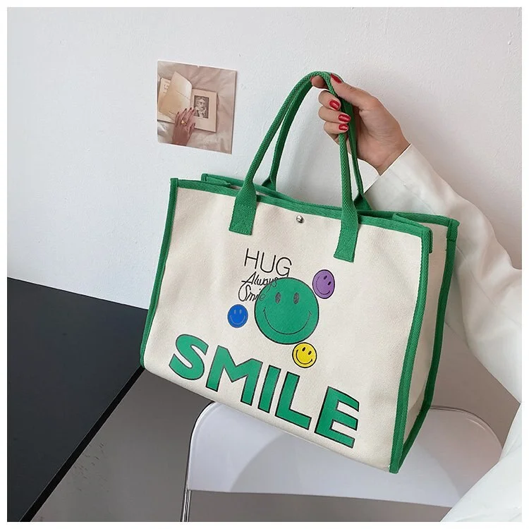Ins Super Fire Smiley Face Canvas Bag Female Summer 2021 New Wild Tote Bag Portable Lunch Shopping Shoulder Bag