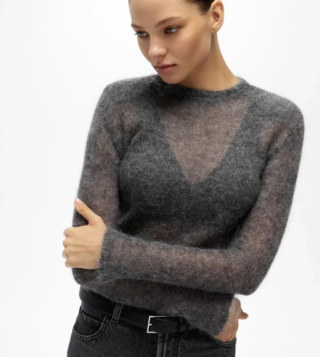 Akayes Fashion Mesh Round Neck Long Sleeve Sweater Autumn See-through Women's Soft Knitted Pullover Chic Elegant Warm Street Sweater