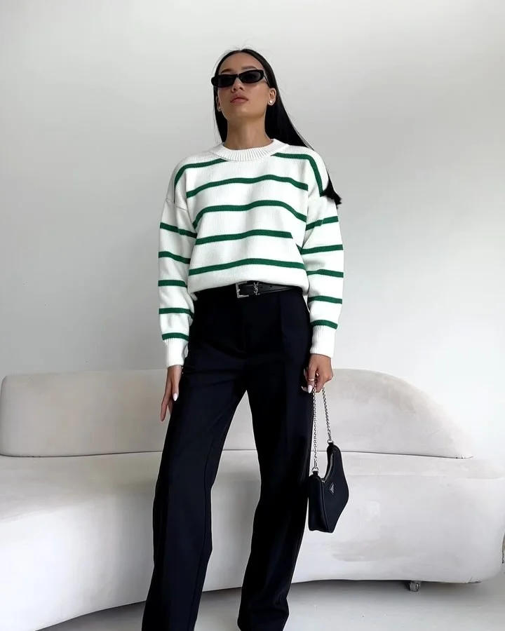Ueong New Striped Knit Sweater Round Collar Long Sleeve Bottom Shirt Inside And Outside With Color Sweater Woman