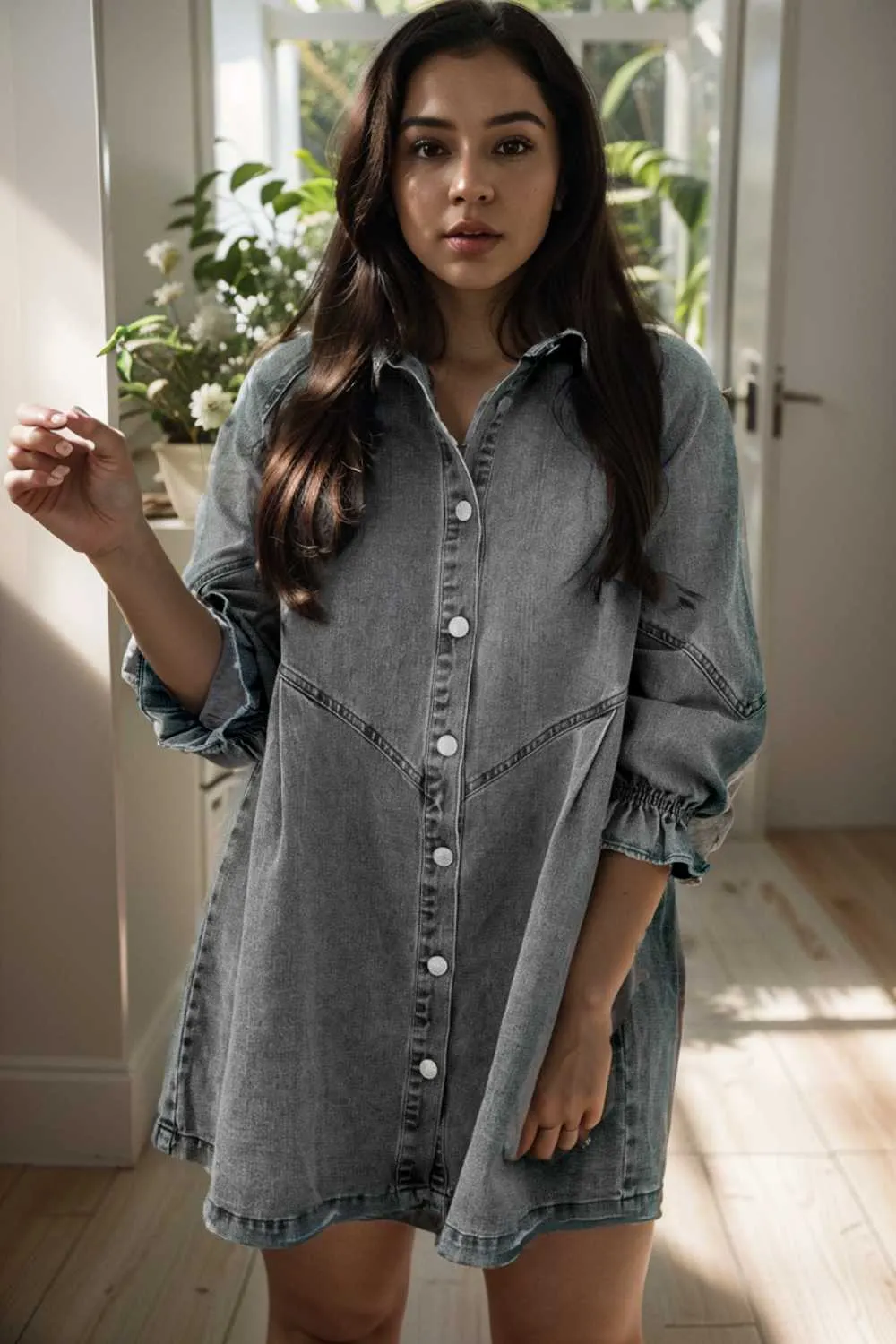 chic gray denim mini dress with button detail