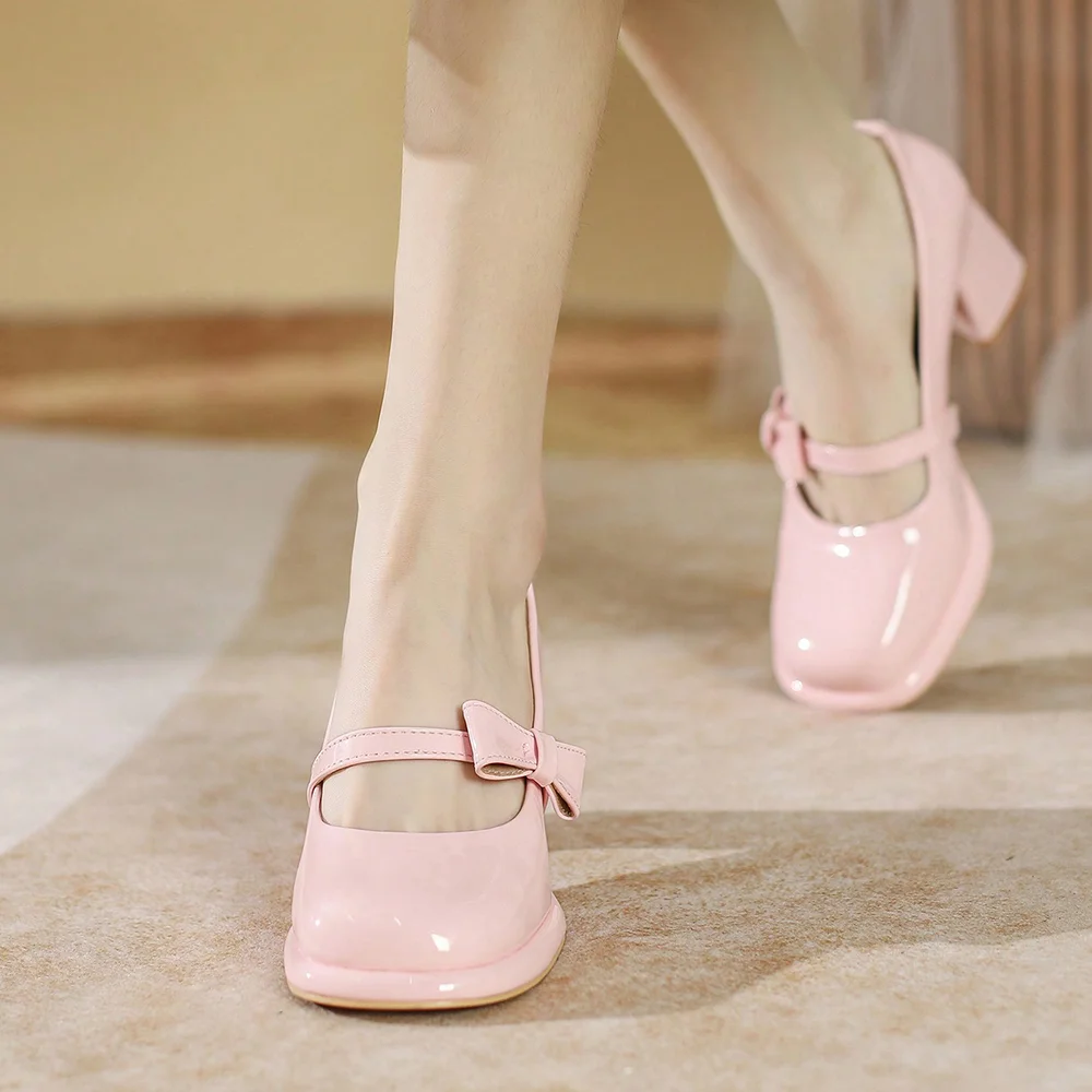 Pink Patent Leather Square Toe Loafers with Chunky Heels Nicepairs