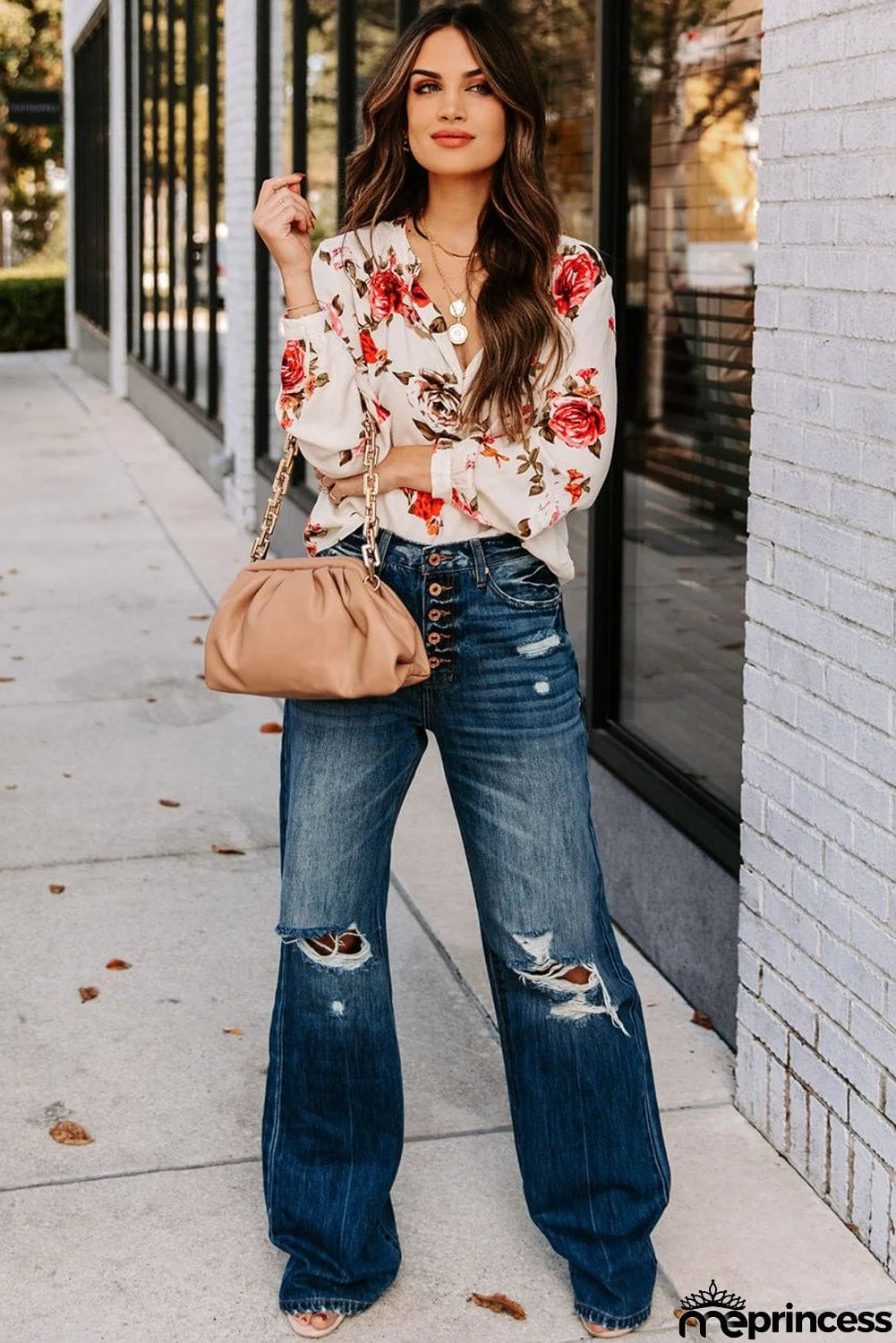 Beige Floral Print V Neck Button Down Blouse