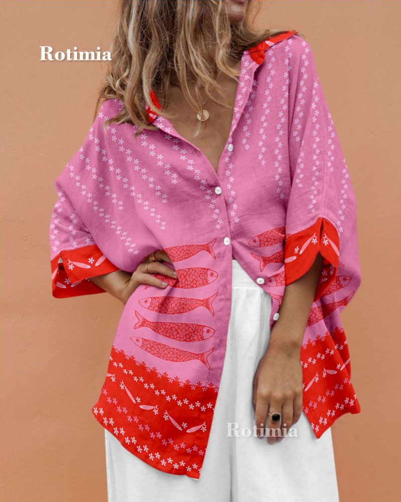 Rotimia Retro vacation pink fish print shirt and trousers