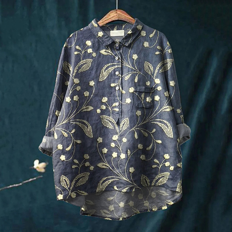 Comstylish Vintage Floral Print Lapel Loose Linen Blend Shirt