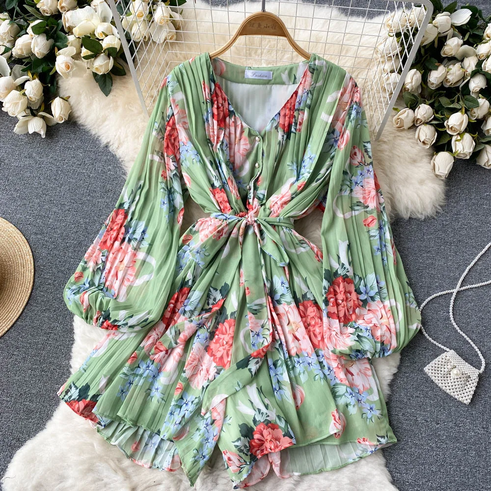 Toloer Women Sexy Floral Pleated Chiffon Romper Female Spring Summer Bohemian Holiday V-Neck Draped Wide Leg Jumpsuits 2022 Playsuits
