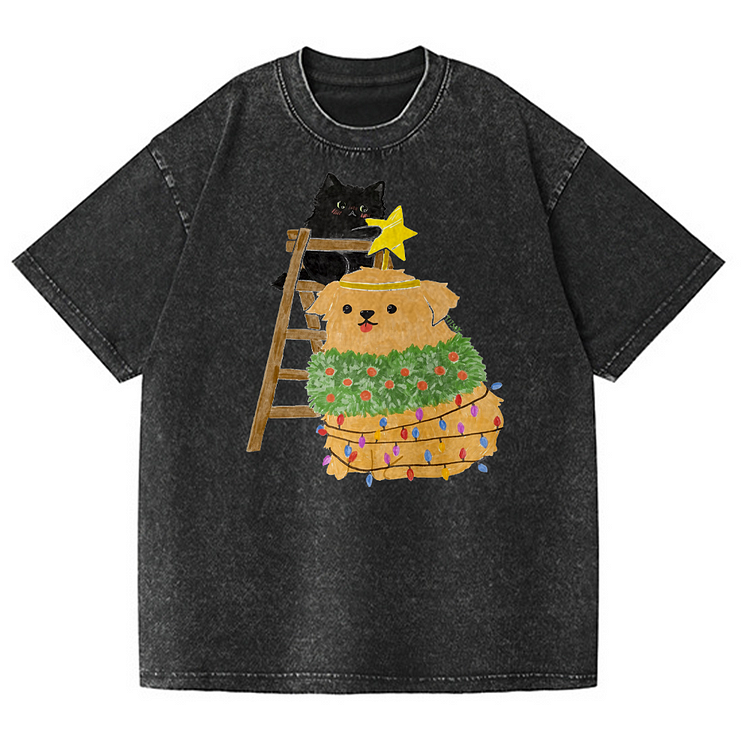 Cat Christmas Men's washed T-shirt