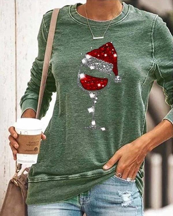 Casual Christmas Wine Glass Print T-shirts