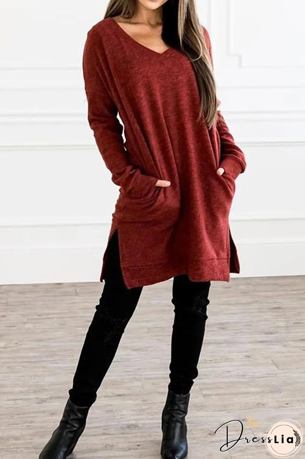 Pockets Slit V Neck Hoodie Dress