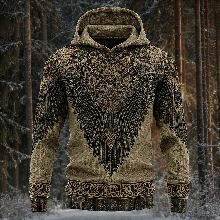 Men's Retro Viking Wings Celtic Knot Print Casual Knit Hooded Sweater