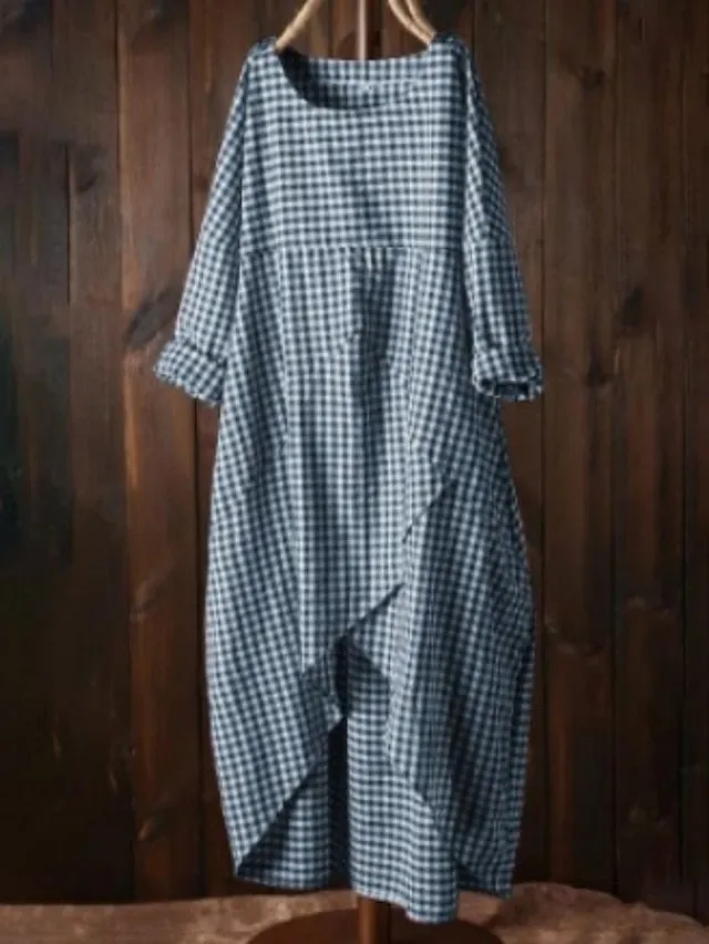 Casual Dress Shift Print Plaid Loose Crewneck Midi Active Classic Daily Vacation Long