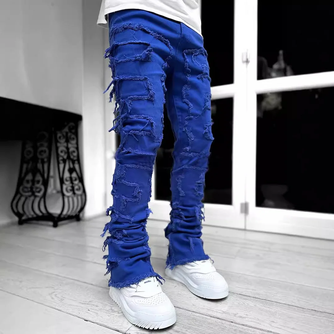Uveng Uveng Men's New Fashion Trend Sticker Jeans Repair Multi-Color Elastic Micro-Tight Straight Trousers