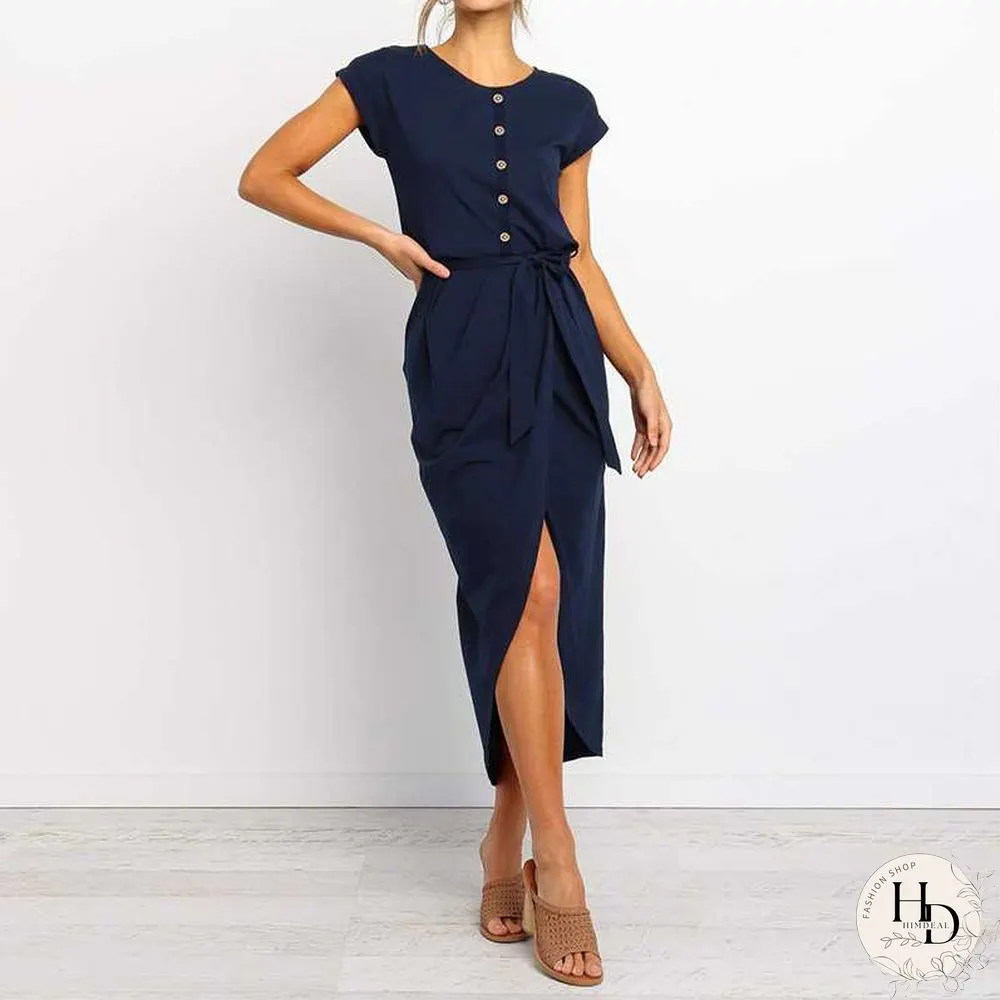 Buttons Short Sleeve Tie Waist Midi Dress With Slit