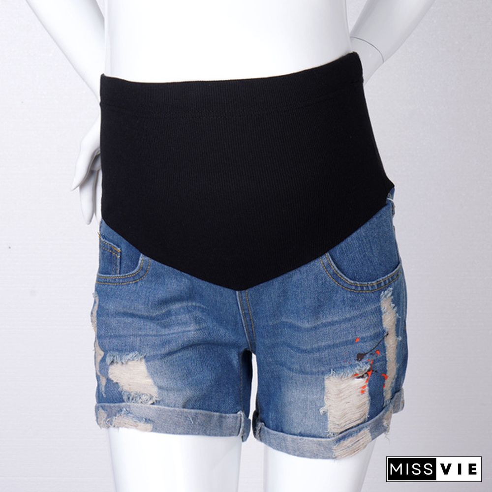 Summer Casual Denim Maternity Patchwork Belly Shorts Ripped Shorts for Pregnant Women