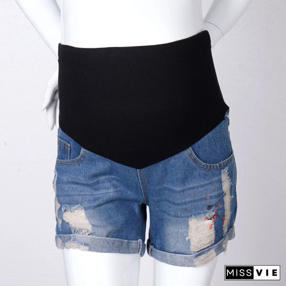 Summer Casual Denim Maternity Patchwork Belly Shorts Ripped Shorts for Pregnant Women
