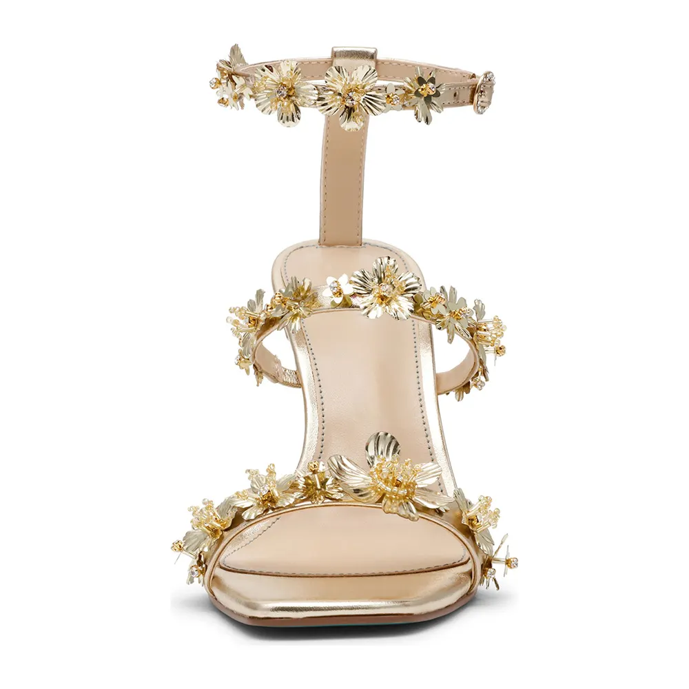 Square Toe Ankle Strap Sculptural Heel Gold Sandals with Flowers