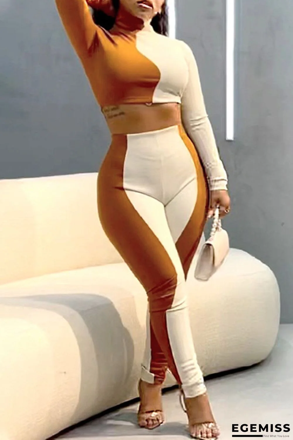 White Brown Casual Street Sportswear Solid Patchwork Turtleneck Long Sleeve Two Pieces | EGEMISS