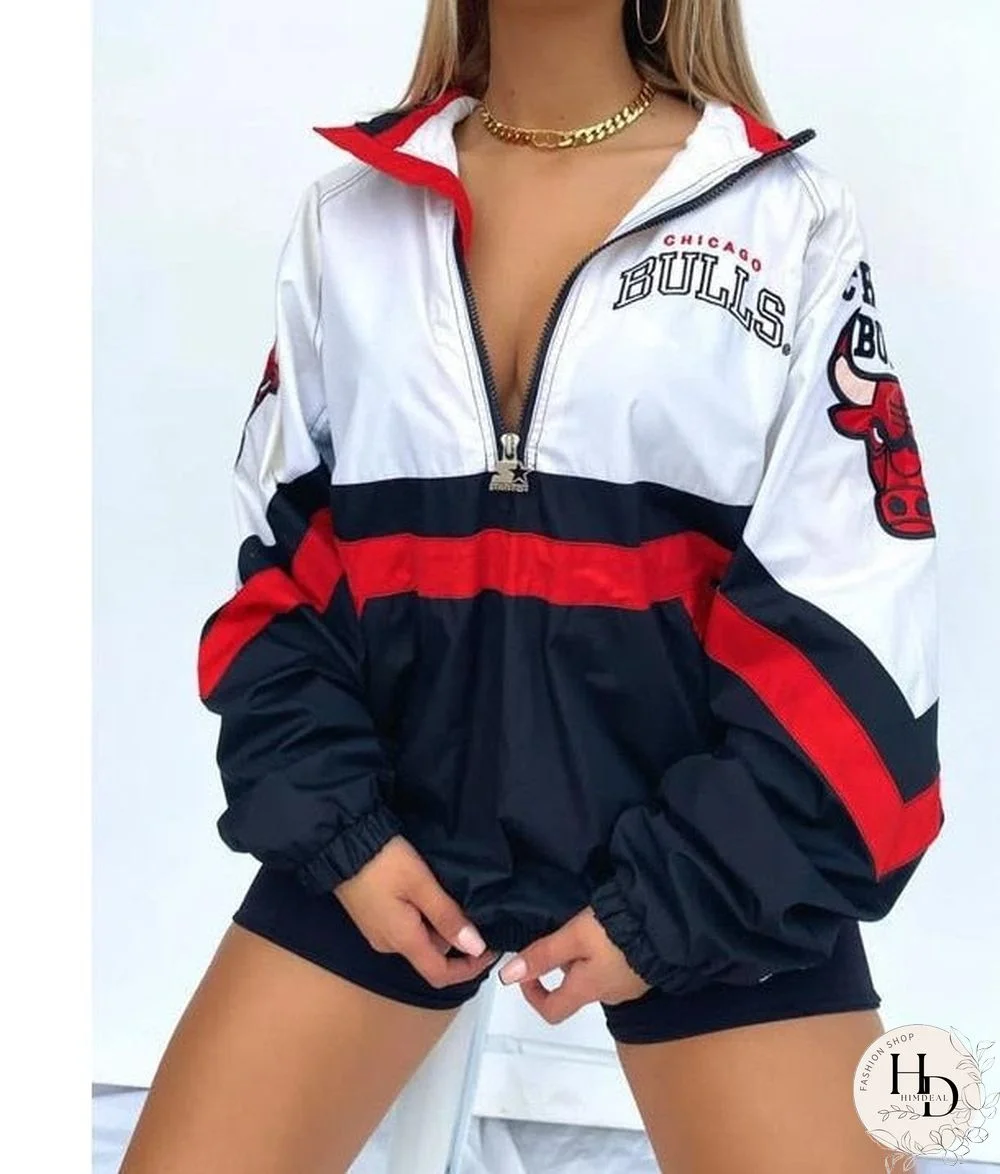 3Xl Spring And Autumn Fashion Baseball Jacketscasual V-Neck Zipper Pullover Printed Plus Size Jacket For Women Coat Women Jacket