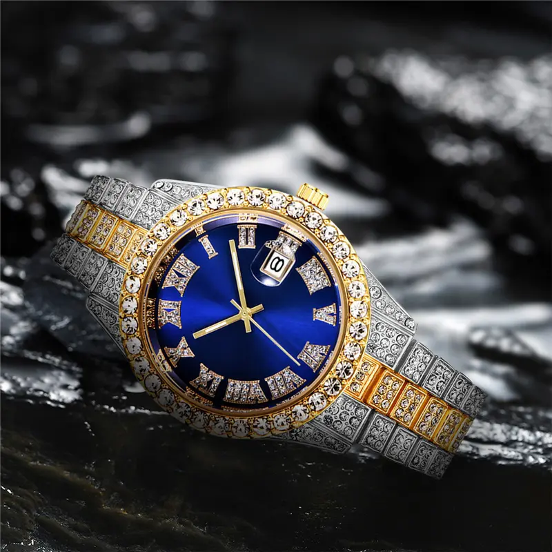 Product Introduction of 【Men's fashion must-have】European and American style hip-hop steel strap watch | Roman scale diamond calendar quartz watch | Red/green/blue/gold multi-color options | Luxury fashion men's watch | Fashionable men's outfit artifact 21