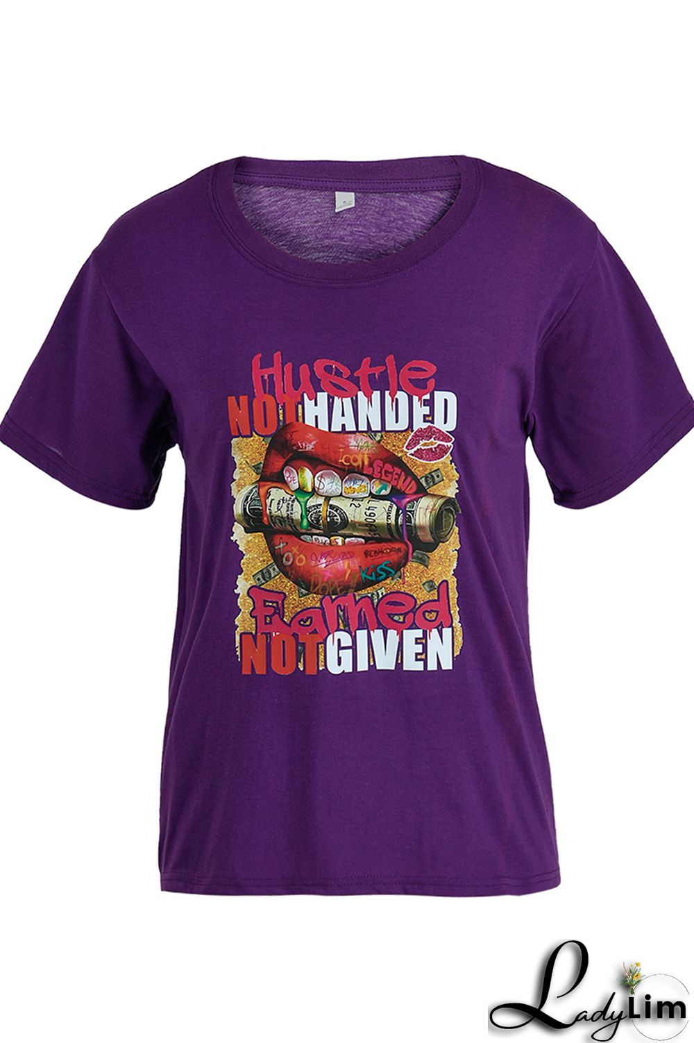 Purple Fashion Casual Print Basic O Neck T-Shirts