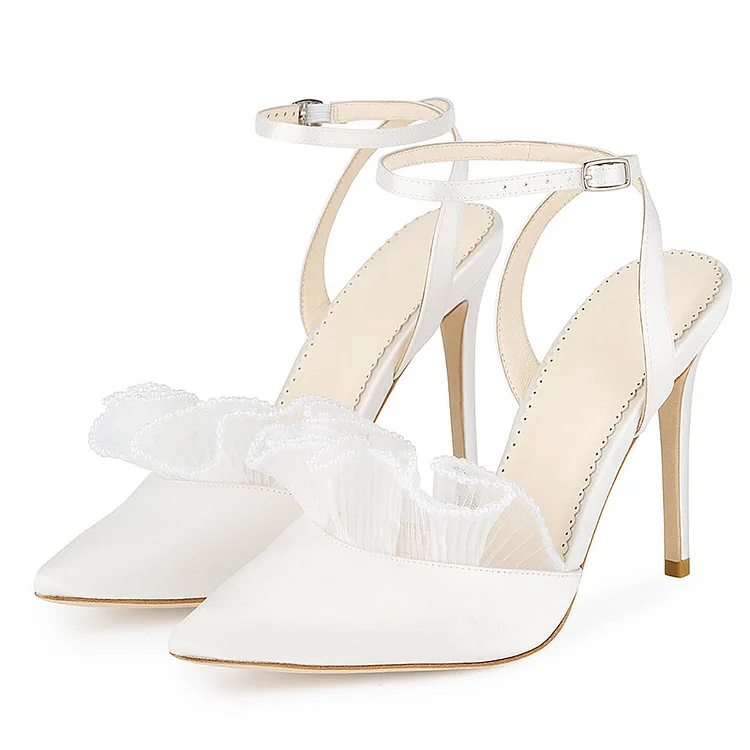 White Pointed Toe Folded Lace Pumps Women'S Elegant Stiletto Heel Wedding Shoes |FSJ Shoes