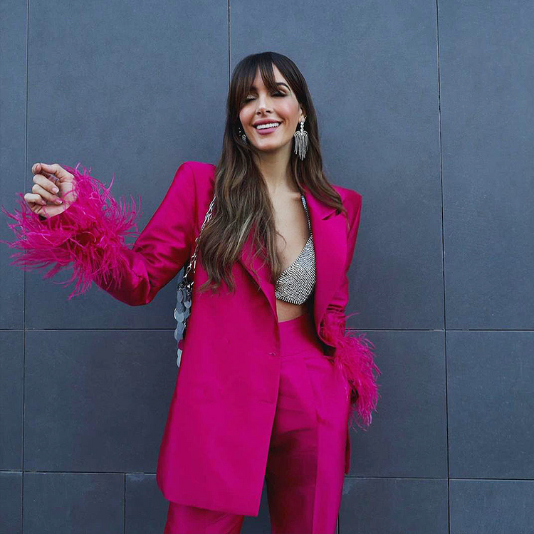 Pink Feathered  Blazer Two Piece Set