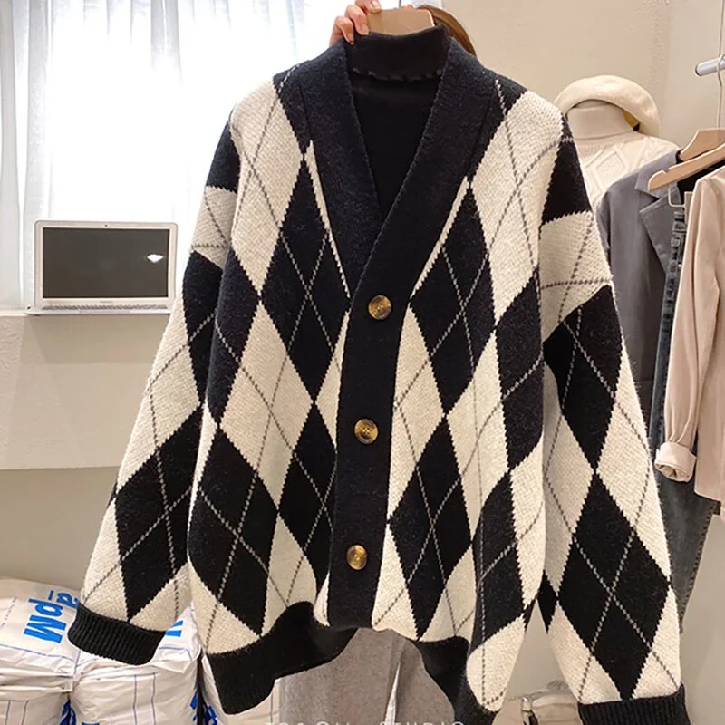 Syiwidii Vintage Argyle Cardigan Tops Sweaters Woman Fall Winter 2021 New Knitted Pink Jackets Single Breasted V Neck Loose Coat