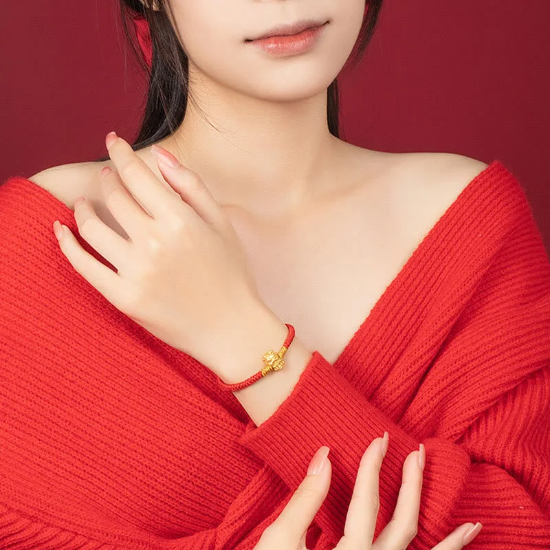 999 Sterling Silver Year of the Dragon Copper Coin Fortune Dragon Fu Character Luck Handcrafted Red String Braided Bracelet