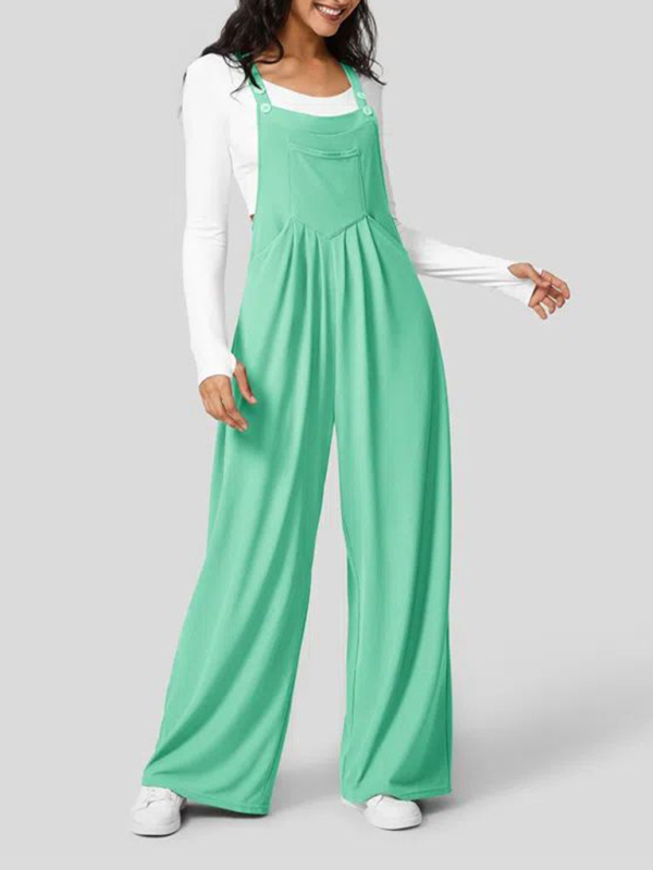 New loose solid color button pocket overalls Jumpsuit