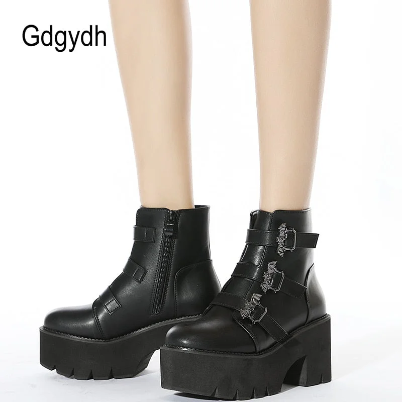 Gdgydh Metal Decoration Bat Demonia Boots Women Platform Heels Black Gothic Ankle Strap Belt Buckle Ladies Short Boots Plus Size