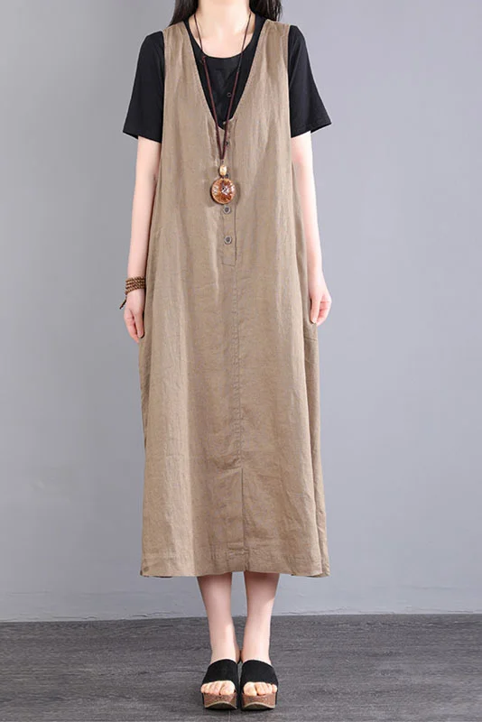 Plus Size-Summer Linen Sleeveless Dress Casual Solid Long Dress