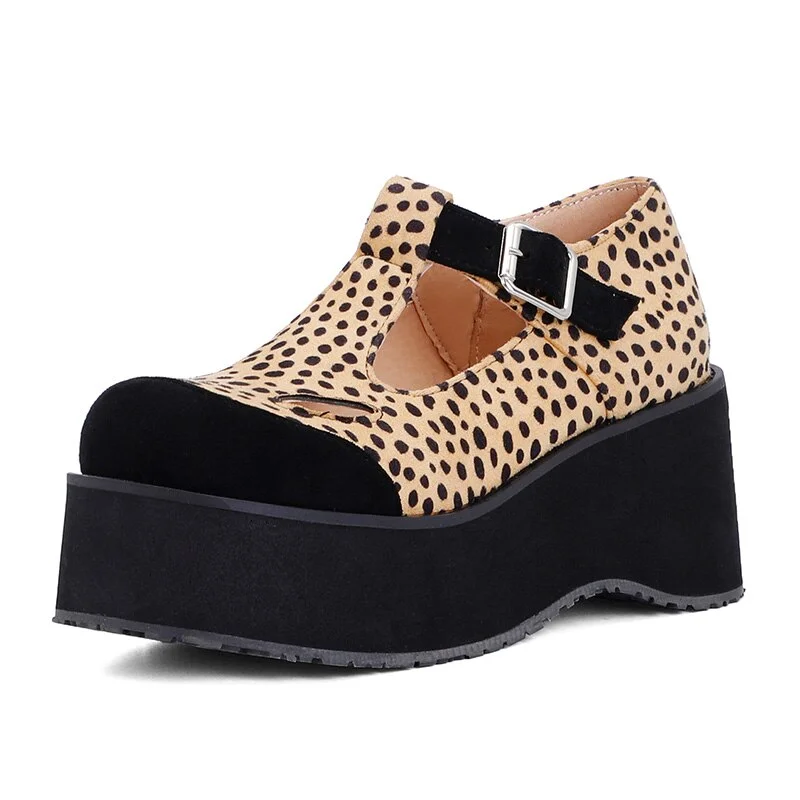 Gdgydh Gothic Fashion Cat Leopard Wedges Shoes For Women T-strap Platform Heels Hollow Out Thick Sole Casual Shoes Comfort New